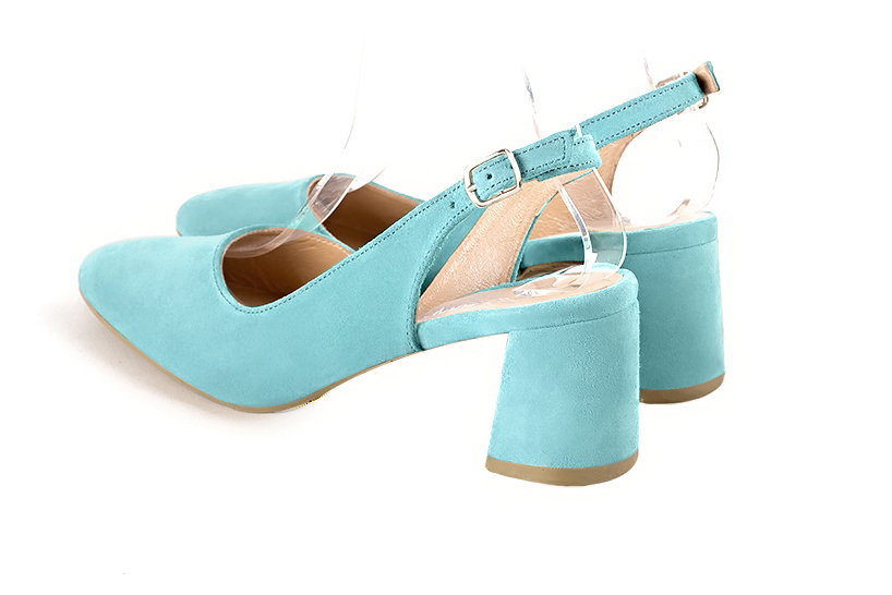 Aquamarine blue women's slingback shoes. Round toe. Medium flare heels. Rear view - Florence KOOIJMAN